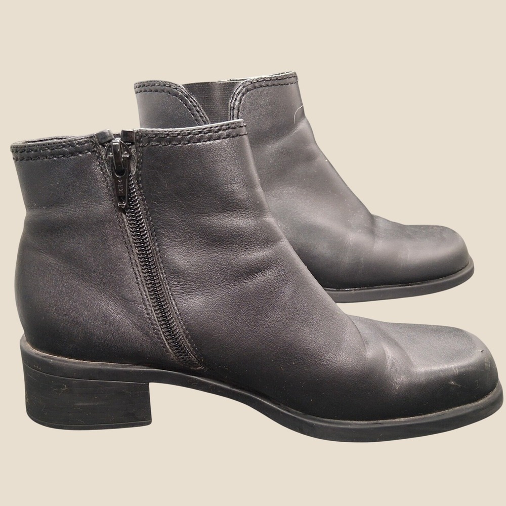 Partners Women Black Leather Square Toe Ankle Boots Side Zip Low Block Heel 5.5M